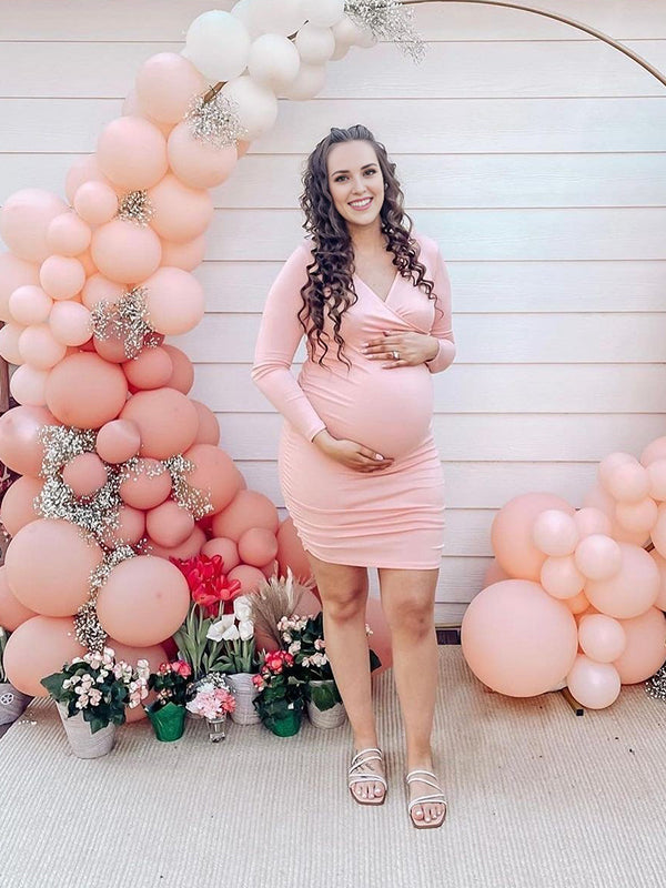 Momyknows Pink Ruched Cross Chest Sweet Banquet Maternity Photoshoot Mini Dress