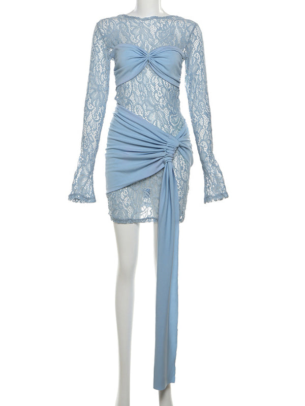 Momyknows Blue Lace Draped Sheer Flare Sleeve Bodycon Elegant Cute Gender Reveal Baby Shower Maternity Mini Dress Blue / S Momyknows Blue Lace Draped Sheer Flare Sleeve Bodycon Elegant Cute Gender Reveal Baby Shower Maternity Mini Dress Blue / S