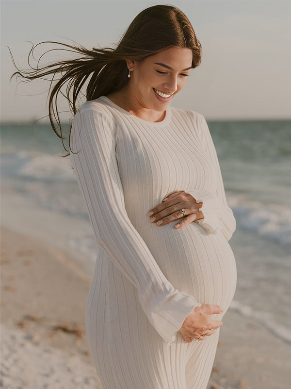 Momyknows Solid Color Sashes Knit Lace-up High Waist Going Out Photoshoot Maternity Sweater Maxi Dress White / 2XL Momyknows Solid Color Sashes Knit Lace-up High Waist Going Out Photoshoot Maternity Sweater Maxi Dress White / 2XL