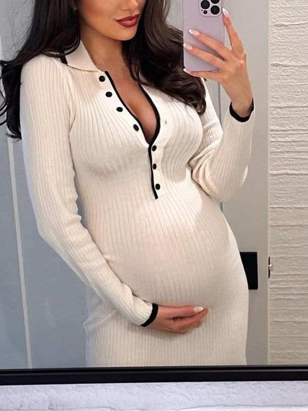 Momyknows White V-neck Knitted Slim Fit  Maternity Midi Dress