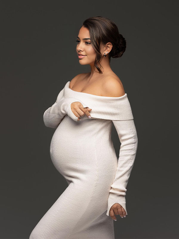 Momyknows Off Shoulder Slit Flare Sleeve Bodycon Elegant Photoshoot Baby Shower Maternity Maxi Sweater Dress