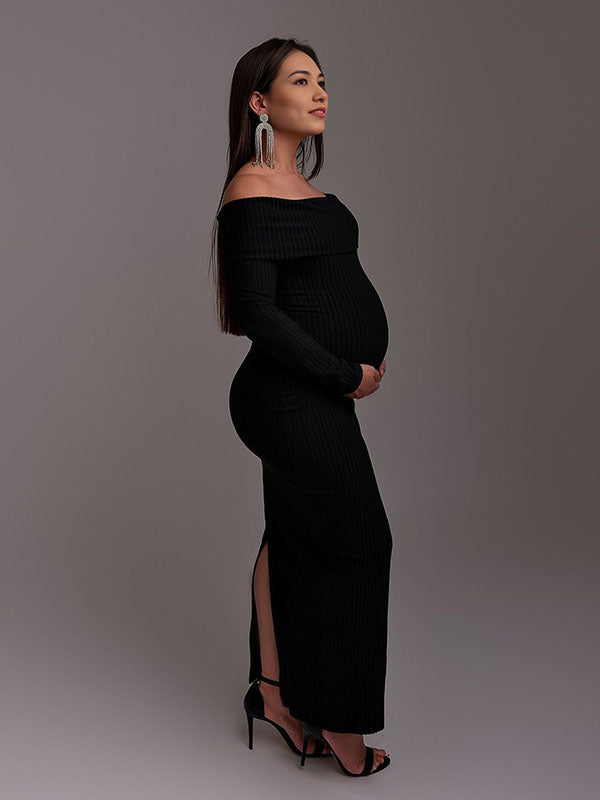 Momyknows Off Shoulder Back Slit Flare Sleeve Bodycon Elegant Photoshoot Maternity Maxi Sweater Dress