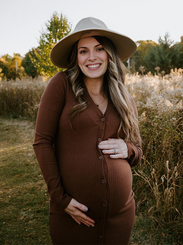 Momyknows Coffee Buttons V-neck Daily Going Out Photoshoot Baby Shower Maternity Maxi Sweater Dress