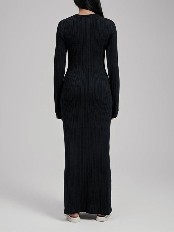 Momyknows Knit Solid Color Elegant Photoshoot Baby Shower Maternity Maxi Sweater Dress - Black - 6