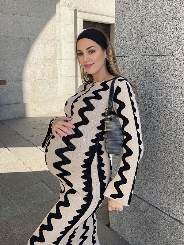 Momyknows Beige Wavy Edge Cut Out Bodycon Elegant Photoshoot Baby Shower Maternity Maxi Sweater Dress