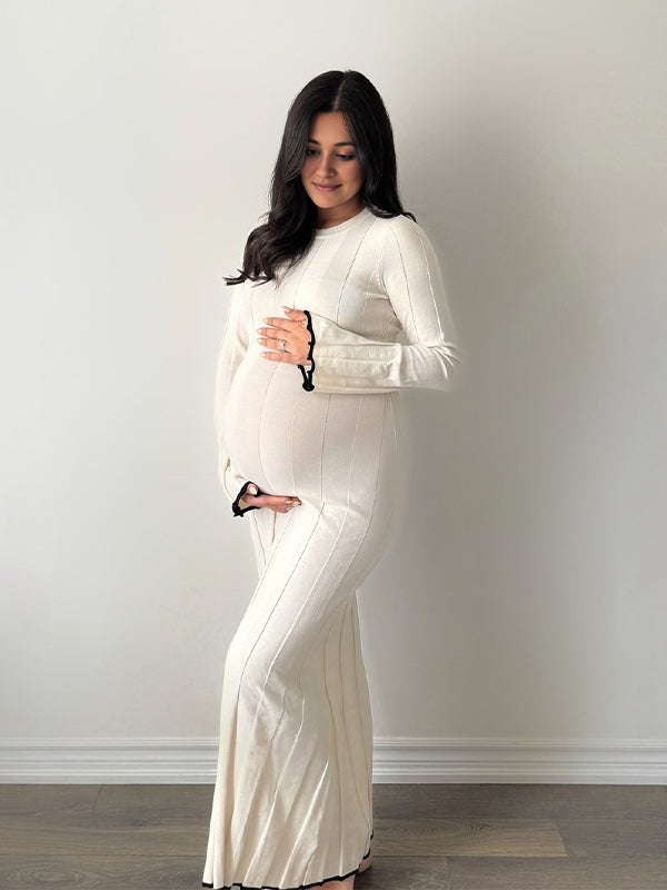 Momyknows White Color Splicing Ruffle Bodycon Photoshoot Baby Shower Maternity Maxi Sweater Dress