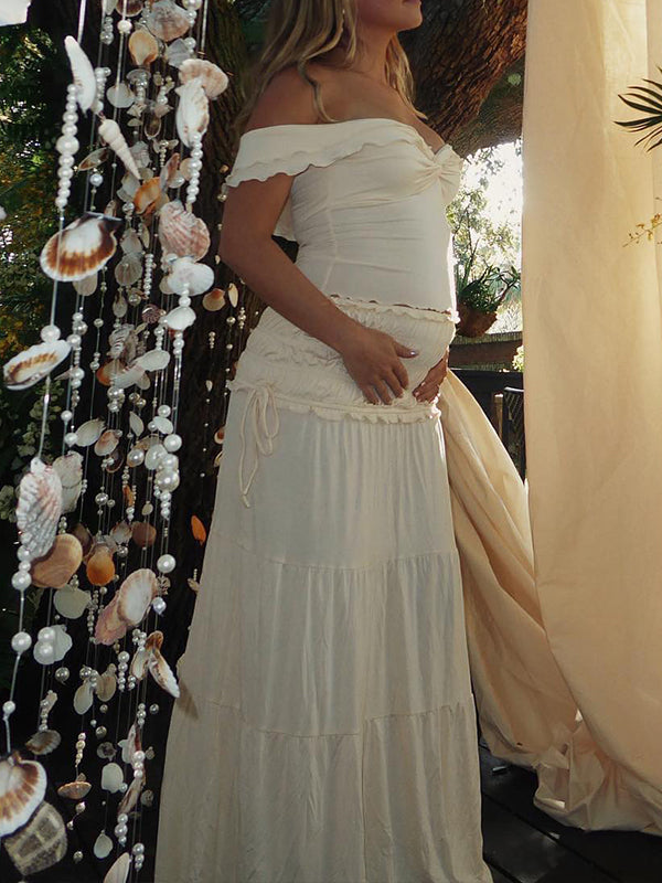Momyknows Ivory White Two Piece Set Off Shoulder Ruffle Falbala Bodycon Elegant Maternity Boho Photoshoot Baby Shower Maxi Dress