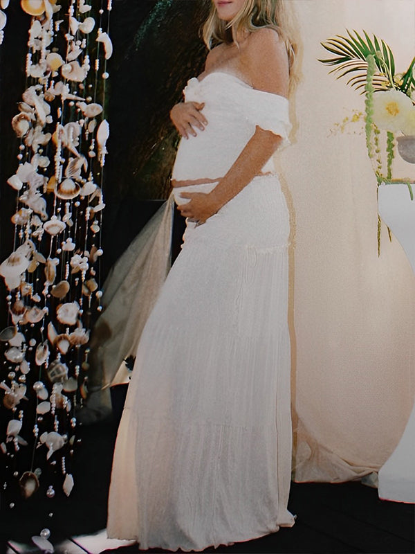 Momyknows Ivory White Two Piece Set Off Shoulder Ruffle Falbala Bodycon Elegant Maternity Boho Photoshoot Baby Shower Maxi Dress Top / M Momyknows Ivory White Two Piece Set Off Shoulder Ruffle Falbala Bodycon Elegant Maternity Boho Photoshoot Baby Shower Maxi Dress Top / M