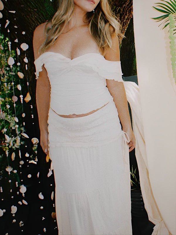 Momyknows Ivory White Two Piece Set Off Shoulder Ruffle Falbala Bodycon Elegant Maternity Boho Photoshoot Baby Shower Maxi Dress, Top / M