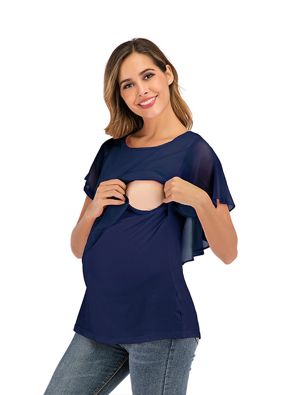 Momyknows Solid Color Chiffon Ruffle Falbala Round Neck Short Sleeve Breastfeeding T-shirt Basic Going Out Daily Maternity Nursing Top