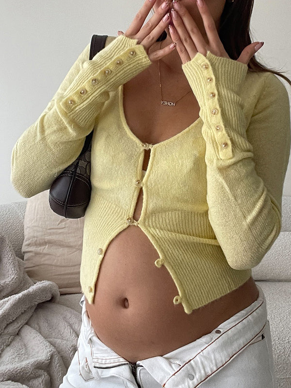 Momyknows Yellow Knitted Long Sleeve Solid Color Photoshoot Maternity Sweater Top