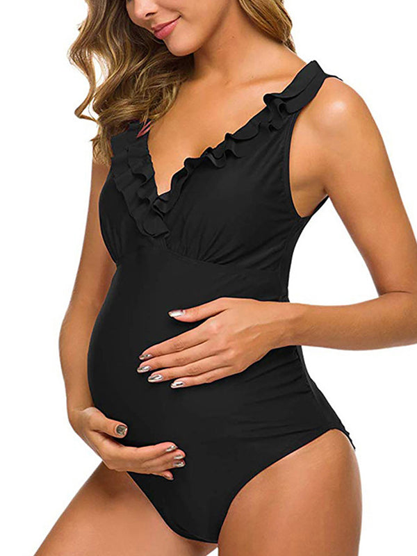 Momyknows Plus Size One Piece Falbala High Waisted Swimsuit Ruffles Deep V-neck Backless Push Up Bathing Suits Elegant Maternity Baby Moon Swimwear