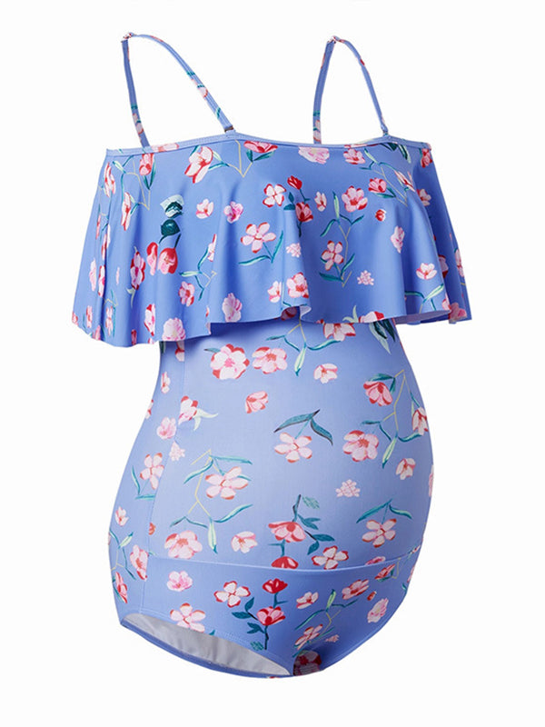 Momyknows Blue Floral Ruffle One Piece Fashion Beach Vacation Fashion Maternity Swimsuit Swimwear