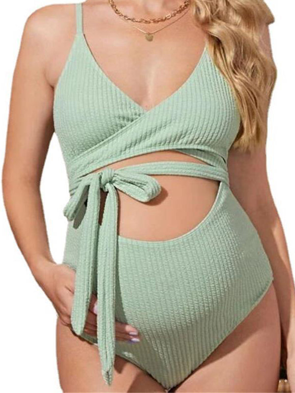 Momyknows Green Cut Out Crop Sashes Spaghetti Strap Backless One-Pieces Beach Maternity Swimwear