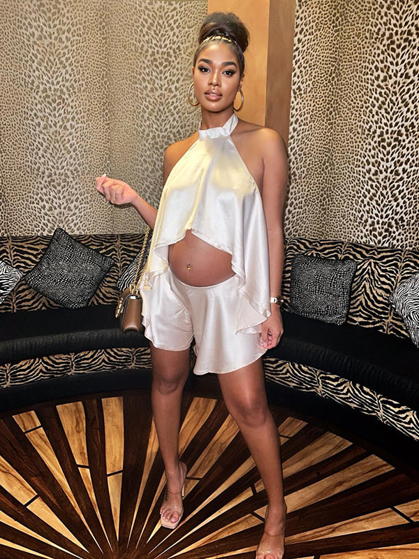 Momyknows Champagne Satin Cut Out Backless Halter Neck Crop Top And Shorts Chic Going Out Maternity Vacation Jumpsuit