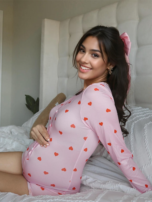 Momyknows Pink Heart V-neck Long Sleeve Short Bodycon Daily Cute Baby Shower Maternity Jumpsuit