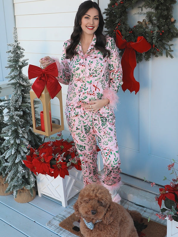 Momyknows Pink Christmas Santa Print Feather Slumber Party Elegant Maternity Pajama Set