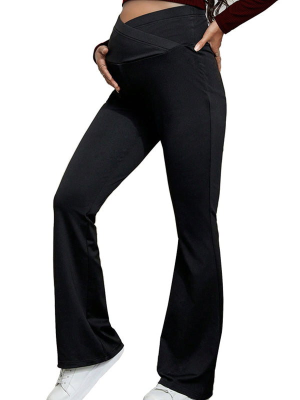 Momyknows Black Over The Belly Flare Bell Bottom High Waisted Work Cozy Pants Casual Maternity Trousers