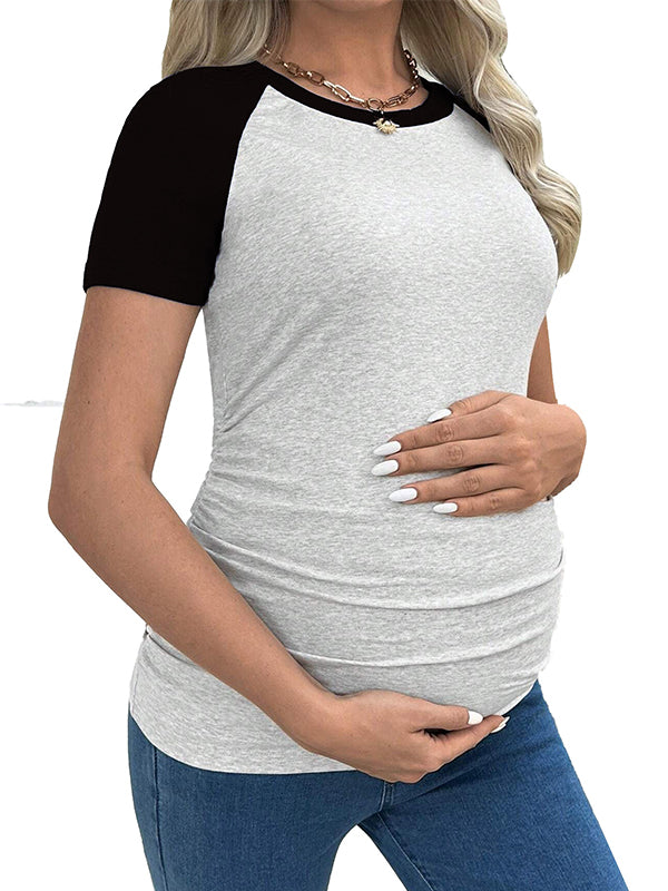 Momyknows Black Colour Blocking Short Sleeve Daily Casual Going Out Maternity Top Tee