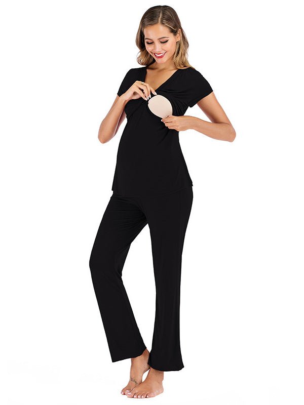 Momyknows 2 Sets Solid Color Daily Casual Going Out Soft Maternity Nursing Suits - Black - 8