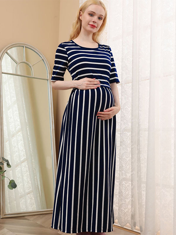 Momyknows Dark Blue Striped Short Sleeve Daily Casual Breastfeeding Going Out Maternity Nursing Maxi Dress