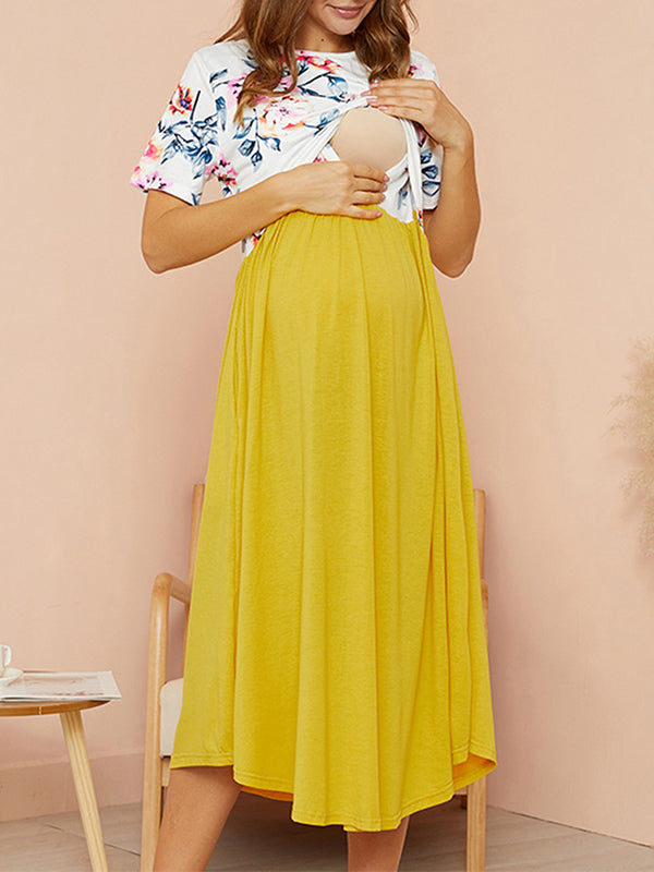 Momyknows Flowers Print High Waist Hit Color Nursing Maternity Maxi Dress