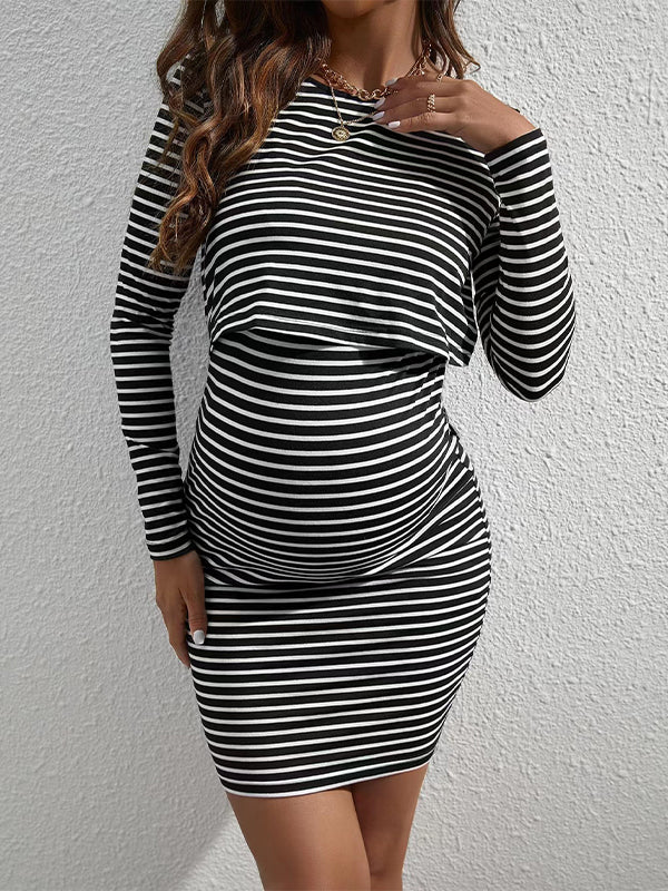 Momyknows Black Striped Double Layer Daily Casual Going Out Maternity Nursing Mini Dress