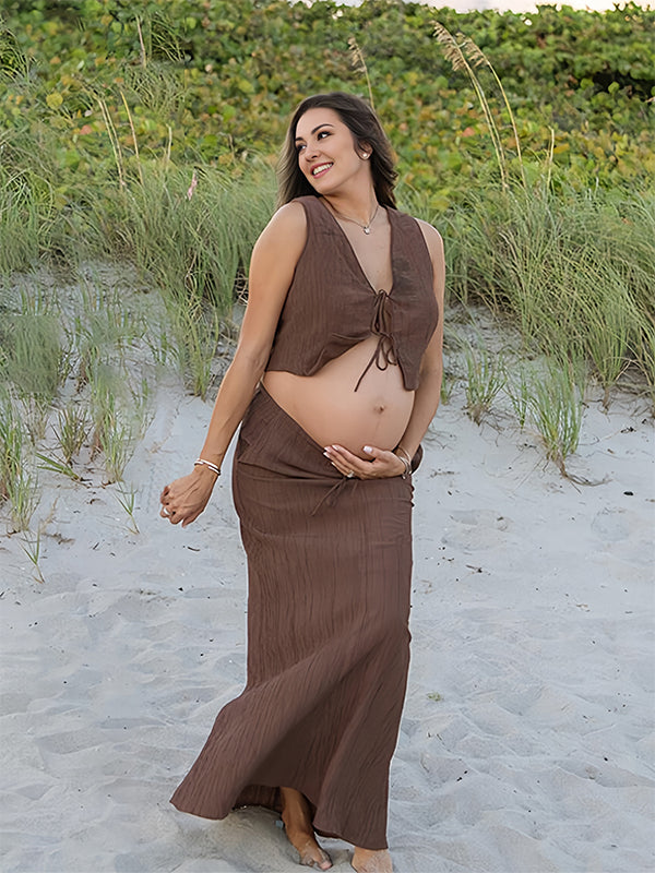 Momyknows Maroon 2-in-1 Tie Drawstring Solid Color Vacation Photoshoot Baby Shower Maternity Maxi Dress