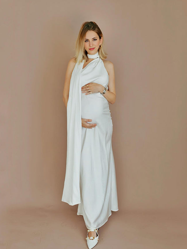 Momyknows White Draped Sleeveless Mermaid Bodycon Elegant Maternity Photoshoot Maxi Dress