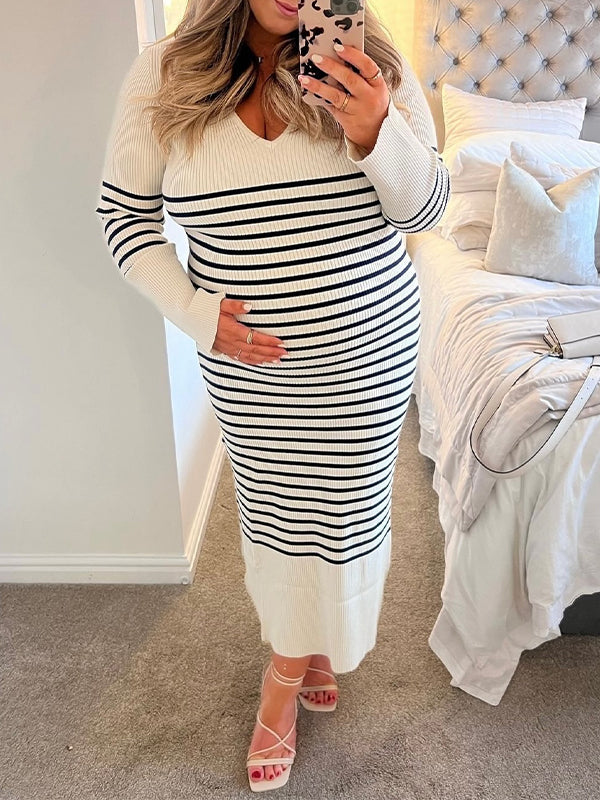 Momyknows White Knitted Striped V-neck Long Sleeve Bodycon Elegant Going Out Maternity Maxi Dress