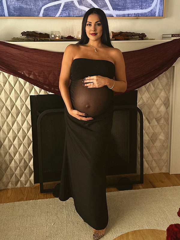 Momyknows Black Mesh Patchwork Bandeau Strapless Bodycon Elegant Maternity Photoshoot Maxi Dress