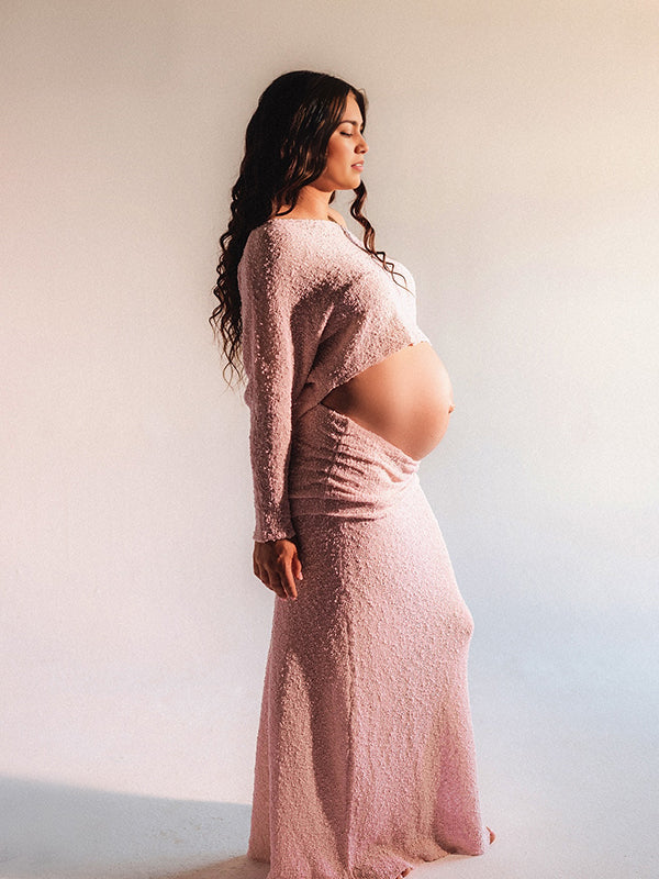 Momyknows Knitted Ruched Two Piece Set Off Shoulder Crop Top And Bodycon Skirt Elegant Maternity Photoshoot Photoshoot Maxi Dress