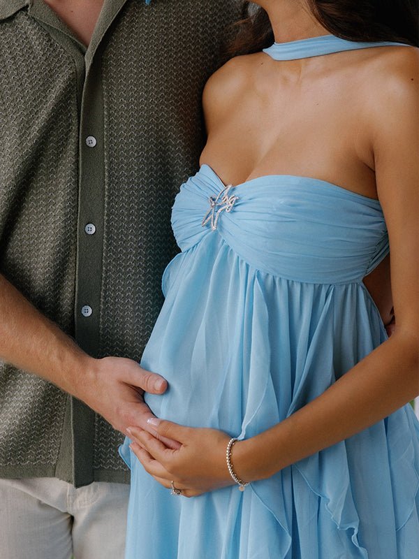 Momyknows Blue Bandeau Strapless Ruffle Falbala Draped Big Swing Elegant Maternity Baby Shower Maxi Dress, Blue / S