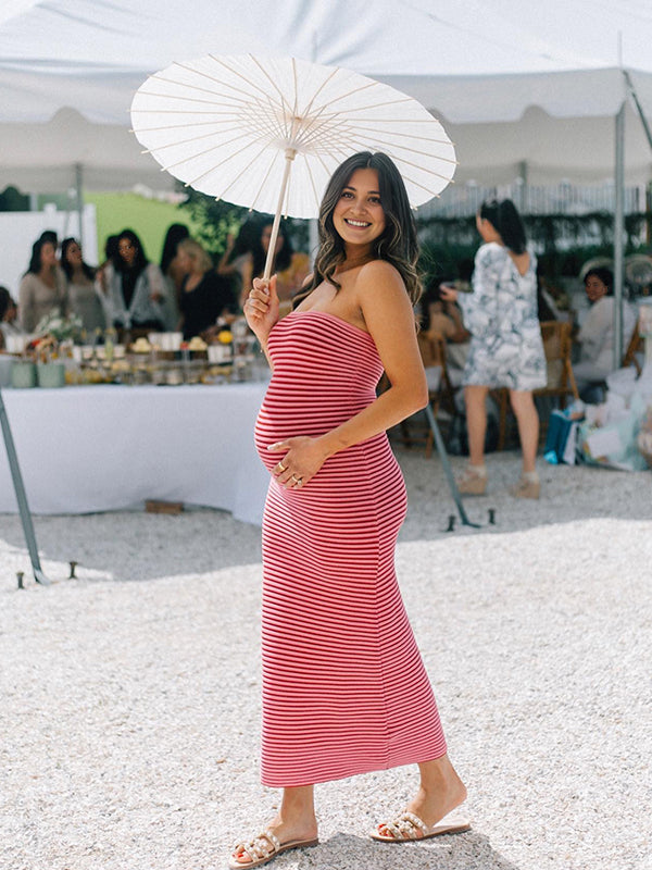 Momyknows Striped Knitted Bandeau Strapless Bodycon Elegant Maternity Baby Shower Maxi Dress