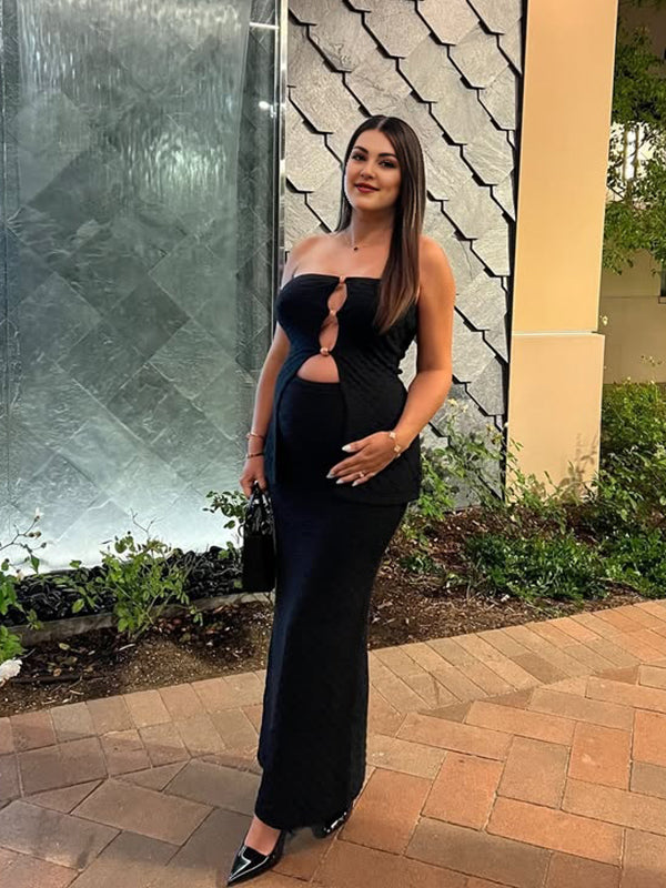 Momyknows Black Two Piece Set Bandeau Cut Out Crop Top And Bodycon Skirt Elegant Maternity Going Out Maxi Dress