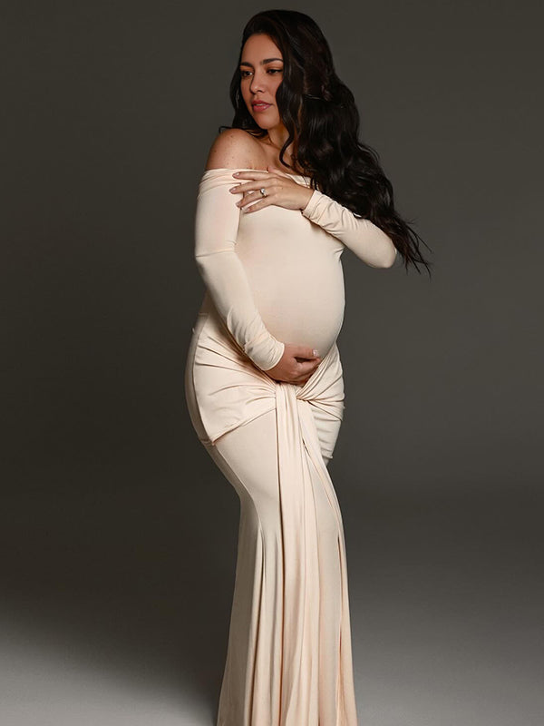 Momyknows Off Shoulder Ruched Knot Draped Mermaid Elegant Maternity Photoshoot Maxi Dress