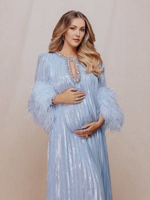 Momyknows Diamonds Rhinestone Feather Pleated Big Swing Elegant Maternity Luxury Photoshoot Maxi Dress