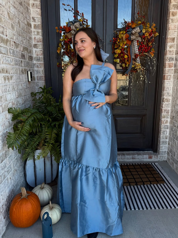Momyknows Satin Big Bow One Shoulder A-line Elegant Maternity Baby Shower Maxi Dress Blue / L Momyknows Satin Big Bow One Shoulder A-line Elegant Maternity Baby Shower Maxi Dress Blue / L