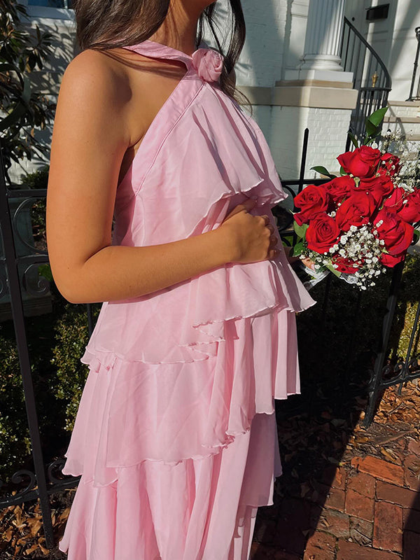 Momyknows Pink Chiffon Tiered Ruffle Falbala Backless Prom Gown Elegant Maternity Photoshoot Maxi Dress