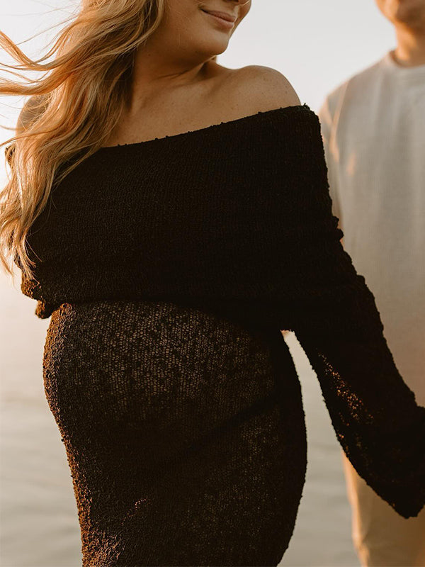 Momyknows Black Off Shoulder Knitwear Elegant Maternity Photoshoot Maxi Dress