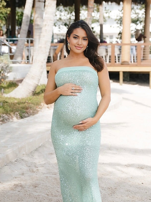 Momyknows Green Sequin Strapless Elegant Maternity Photoshoot Maxi Dress