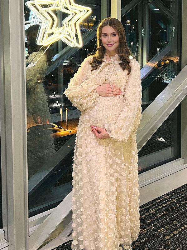 Momyknows Ruffle Jacquard Button Lantern Sleeve Maternity Maxi Dresses