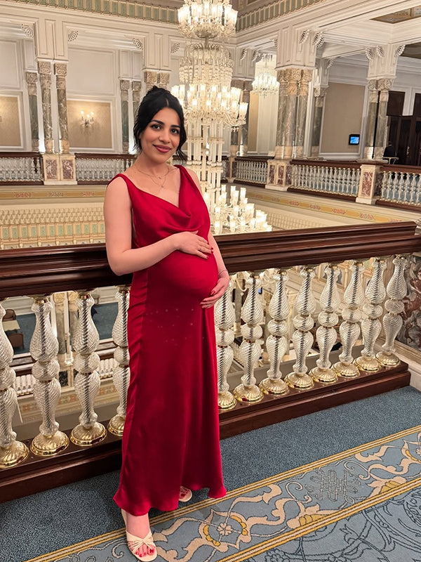 Momyknows Red V-neck Tie Back Backless Elegant Maternity Baby Shower Maxi Dress