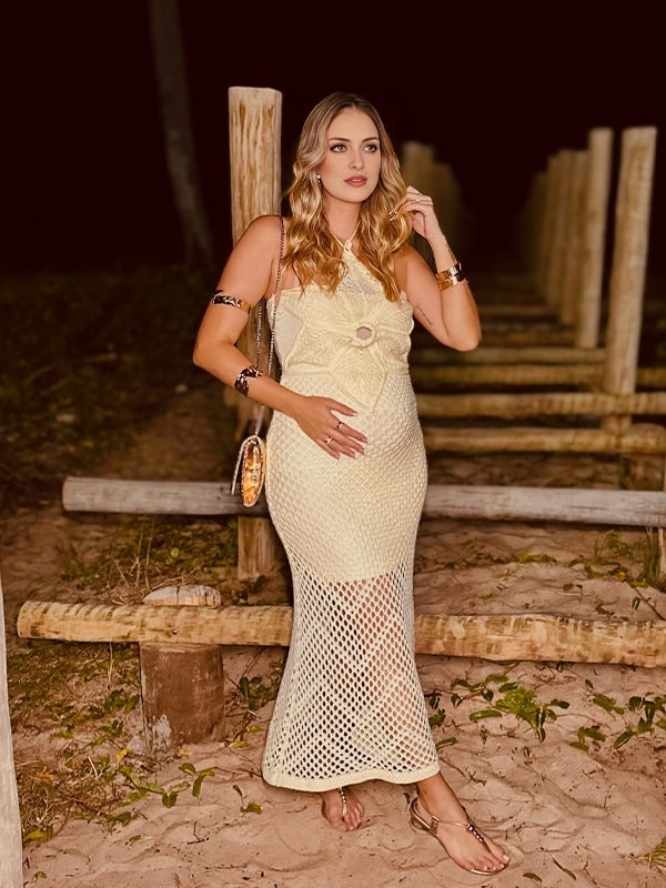 Momyknows Apricot Crochet Halter Neck Maternity Maxi Dresses