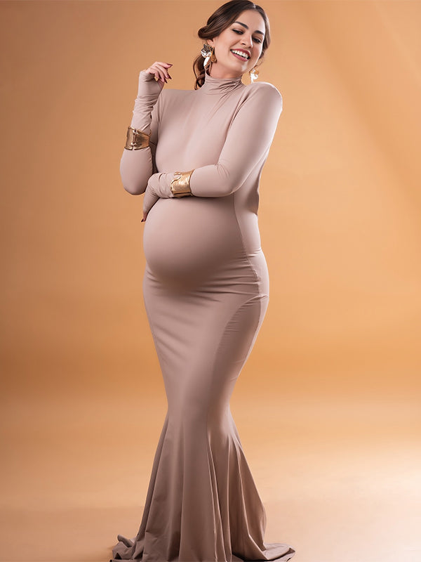 Momyknows Apricot Backless Hip Bodycon Clubwear Maternity Maxi Dresses