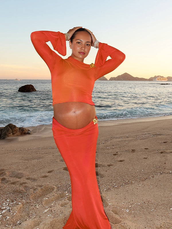 Momyknows Orange Appliques Two Piece Trumpet Maternity Maxi Dresses