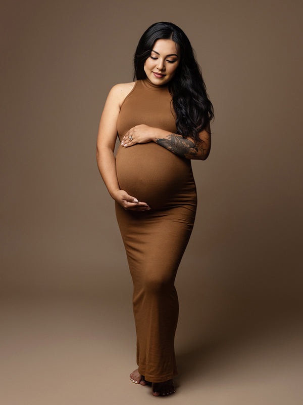 Momyknows Brown High Neck Trumpet Banquet Ceremony Maternity Photoshoot Maxi Dress