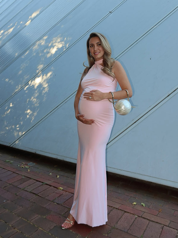 Momyknows Pink Oblique Shoulder lace-up Mermaid Banquet Ceremony Maternity Photoshoot Maxi Dress