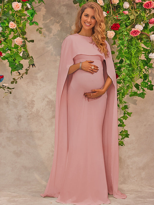 Momyknows Pink Cape Trumpet Round Neck Cocktail Banquet Maternity Photoshoot Maxi Dress