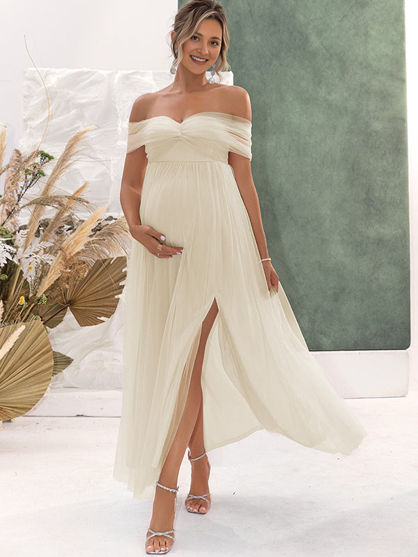 Momyknows Apricot Off Shoulder Slit Grenadine Cocktail Banquet Baby Shower Maternity Photoshoot Maxi Dress